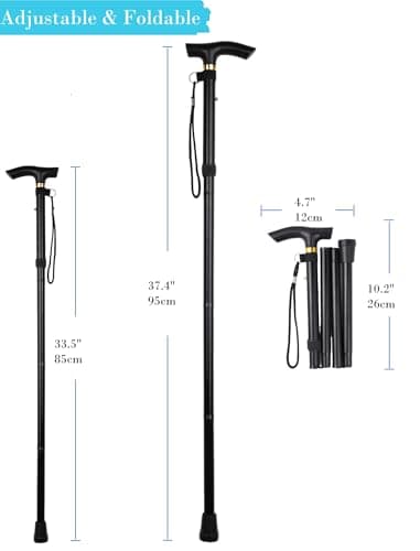 Comfkey Folding Lightweight Walking Stick - Adjustable Aluminum Metal Collapsible Travel Cane with Non-Slip Rubber Base (Black)