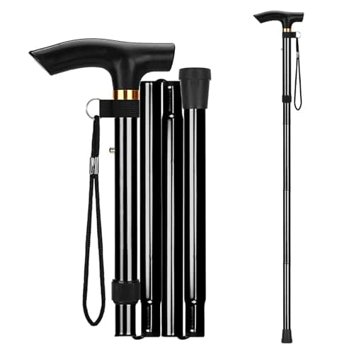 Walking Cane, Folding Cane for Man & Women, Portable Lightweight | 5-Level Adjustable Height, Collapsible Cane for Seniors Balancing Mobility Aid (Black)