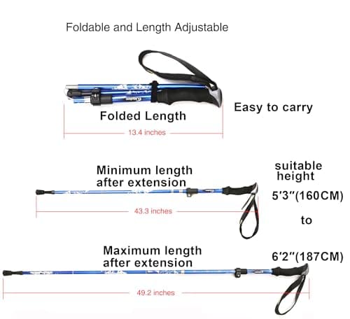 A ALAFEN Aluminum Collapsible Ultralight Travel Trekking Hiking Pole for Men and Women (Fits 5'3" - 6'2"), Single Pole (1 Pack), Blue