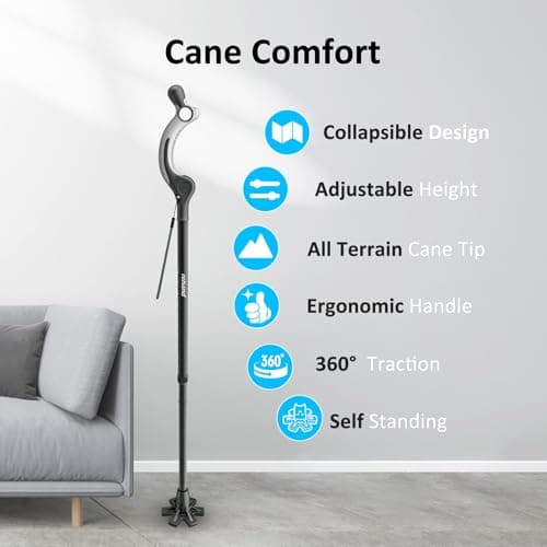 REHAND Adjustable Walking Cane for Seniors Adults - Ergonomic Anti-Slip Grip, 10 Height Settings (40"-49"), 350lbs Weight Capacity, Self-Standing Foldable Cane with Enhanced Anti Slip Base
