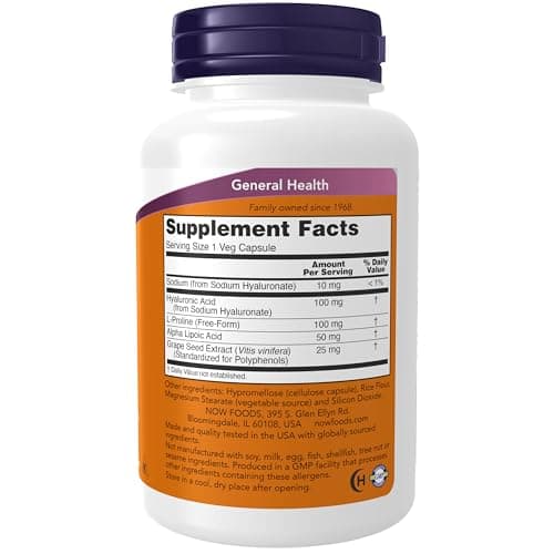 NOW Foods Supplements, Hyaluronic Acid 100 mg, Double Strength with L-Proline, Alpha Lipoic Acid and Grape Seed Extract, 120 Veg Capsules