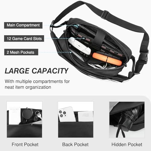 MoKo Sling Bag for Men, Large Waterproof Fanny Pack with Adjustable Strap for Switch 2/iPad Mini, Multi-pockets Shoulder Chest Crossbody Bag for Running Hiking Cycling Travel Walking, Black