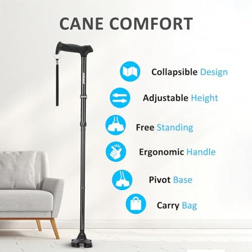 REHAND Walking Cane for Men & Women - Foldable, Adjustable, Lightweight, Self Standing Pivot Walking Cane, Soft Handle Grip, with Travel Bag, Walking Sticks for Seniors & Adults (Black)