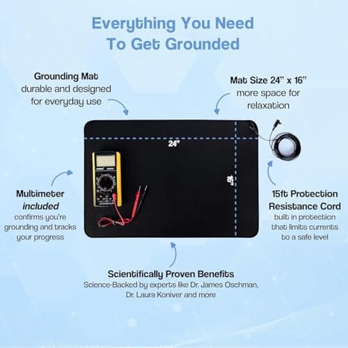 EARTHVERA Grounding Mat for Feet, Sleep Improvement & Pain Relief – 24"×16" Conductive Carbon Earthing Pad with Multimeter for Body Voltage Testing – Inflammation Relief, Stress Reduction – Grounding Mat for Bed, Desk, Office | 15ft Cord Included