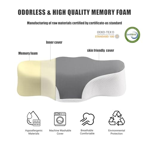 Bespilow Travel Cervical Pillow for Sleeping, Small Memory Foam Neck Pillow with Cooling Washable Cover, Compact Ergonomic Neck Support Travel Pillow for Car Camping, RV, Road Trip & Passenger Seat
