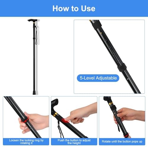 supregear Folding Cane, 5-Level Adjustable Height Walking Stick Lightweight Collapsible Portable Travel Cane with Wrist Strap and T Handle for Elderly Disabled Men Women, Black