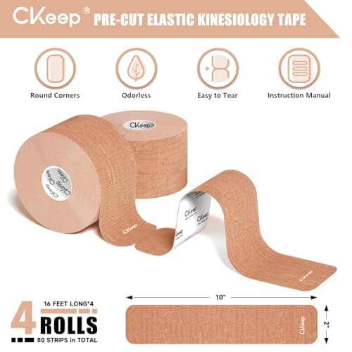 CKeep 4 Rolls Kinesiology Tape, Original Cotton Elastic Athletic Tape, 20 Precut 10" Strips Each, Beige, Ideal for Muscle Support & Injury Prevention