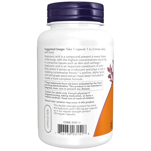 NOW Foods Supplements, Hyaluronic Acid 100 mg, Double Strength with L-Proline, Alpha Lipoic Acid and Grape Seed Extract, 120 Veg Capsules