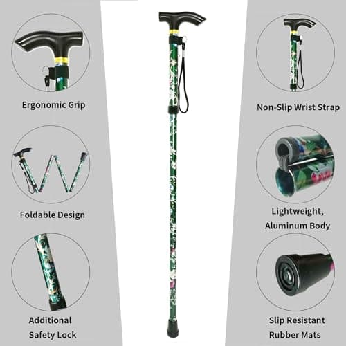 CLOKTA Folding Cane, 5-Level Adjustable Height Lightweight Portable Foldable Walking Canes with Wrist Strap and T Handle for Men Women Seniors (Floral Green)