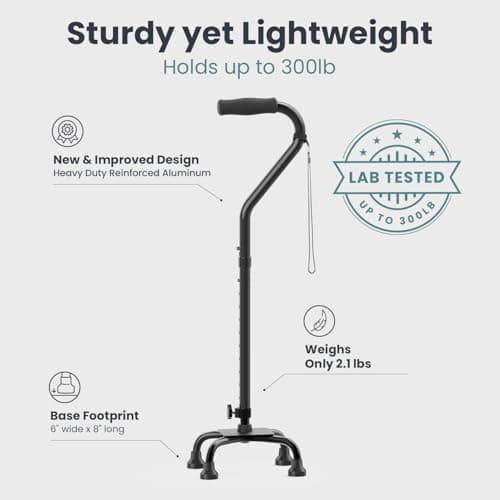 PELEGON Quad Cane (300 lb) - Adjustable Walking Cane with A Large 4 Pronged Base for Extra Balance & Stability, Walking Canes for Seniors, Walking Cane for Men & Women, Walking Sticks (Black)