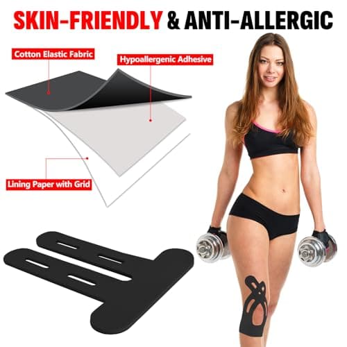 16 Pcs Kinesiology Tape for Knees, Pre Cut Knee Support & Stability, Elastic, Breathable, Latex-Free Pain Relief Athletic Tape for Knee - Black