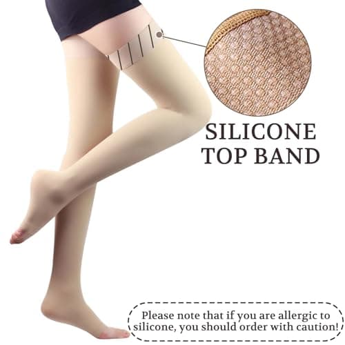 Lin Performance 15-20 mmHg Compression Stockings for Women & Men, Thigh High Dot-Top Open Toe, Leg Support for Daily & Travel Comfort Socks (Beige,L)