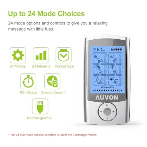AUVON Rechargeable TENS Unit Muscle Stimulator, 24 Modes 4th Gen TENS Machine with 8pcs 2"x2" Premium Electrode Pads for Pain Relief