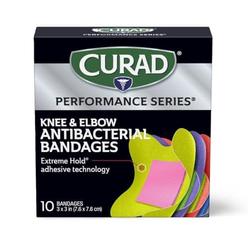 CURAD Performance Series Antibacterial Bandages, Extreme Hold Adhesive Technology, Knee & Elbow 3 inches x 3 inches, 10 Count, Ideal for Cuts, Scrapes, Sports, and Active Lifestyles, Pack of 3