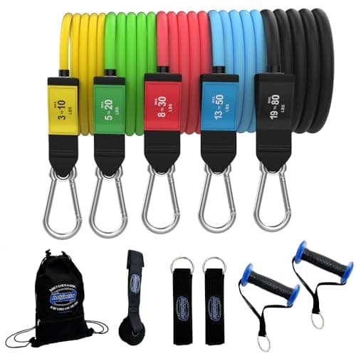 Bodylastics PRO Series Resistance Band Set - 5 Bands, Handles, Ankle Straps, Door Anchor, Carry Bag - Patented Clips and Snap Reduction Tech (3-190 Lbs Max Resistance)