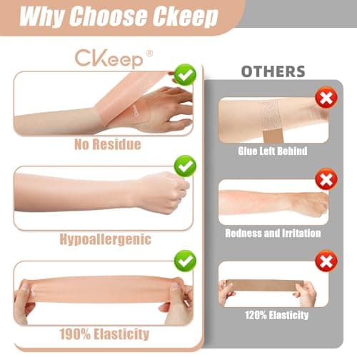 CKeep 4 Rolls Kinesiology Tape, Original Cotton Elastic Athletic Tape, 20 Precut 10" Strips Each, Beige, Ideal for Muscle Support & Injury Prevention