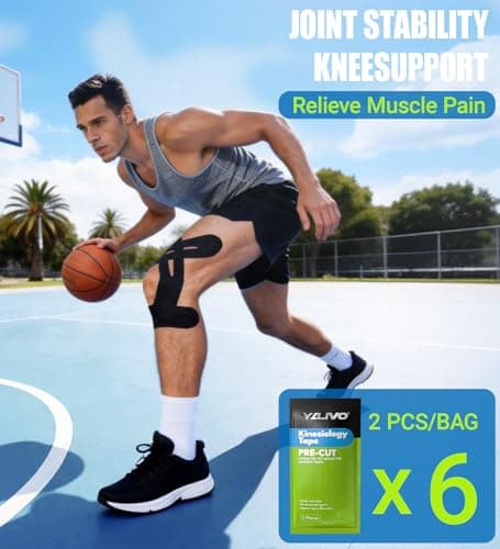 Precut Kinesiology Tape for Knees, 12 Pcs Individual Packeaged - Knee Support & Stability, Pain Relief Athletic Tape - Waterproof & Elastic, Breathable Hypoallergenic Latex-Free Tape (Black)
