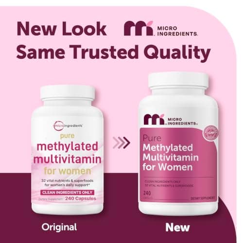 Micro Ingredients Pure Methylated Multivitamin for Women, 240 Capsules | 32-in-1 Formula with Vitamin B, C, D + Iron, Methylfolate & More | Supports Women 's Daily Wellness | Filler Free, Non-GMO