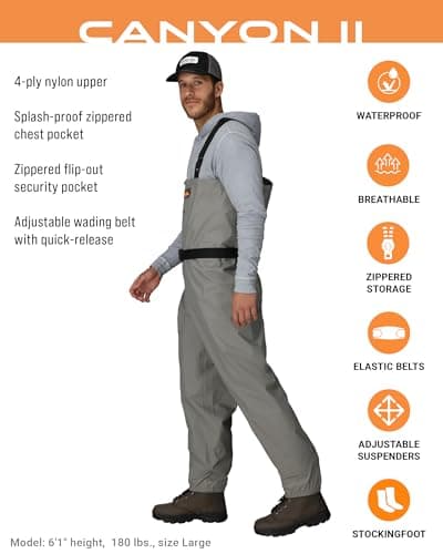 FROGG TOGGS Canyon II Breathable Waterproof Stockingfoot Fishing Chest Wader for Fishing, Gray, Large