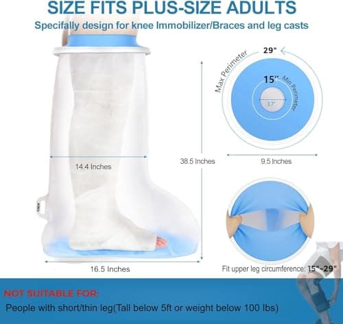 YUNCHI Upgraded Extra Wide Full Leg Cast Cover for Shower after Knee Surgeries with Non-Slip Bottom for Leg Wounds, Bandage, Large Cast, Knee Immobilizer/Brace, Walking Boots, Reusable