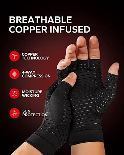 BraceBull Arthritis Gloves (1 Pair), Copper Infused Fingerless Compression Gloves for Relieve Muscle Pain, Carpal Tunnel, RSI, Rheumatoid, Tendonitis for Hands Pain for Women & Men (M, Black)