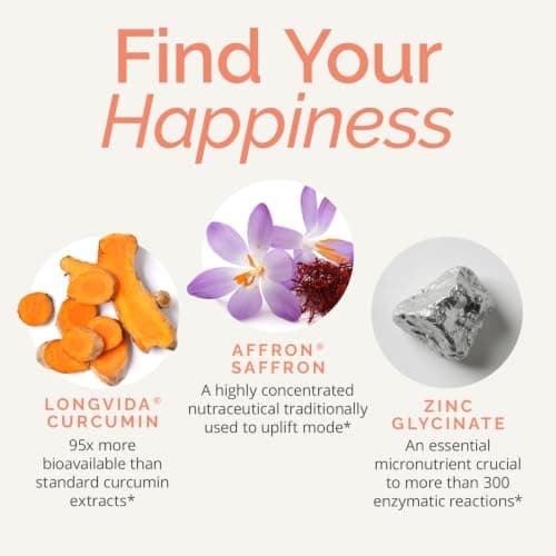BRAINMD Dr Amen Happy Saffron Plus - 90 Capsules - with Saffron Flower Extract, Curcumin & Zinc - Vegan, Gluten Free - 30 Servings
