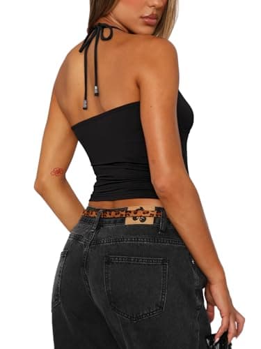 REORIA Women's Summer Sexy Halter Backless Double Lined Tank Top Going Out Y2k Trendy Sleeveless Camisole Crop Tops for Women 2026 Fashion Black Small