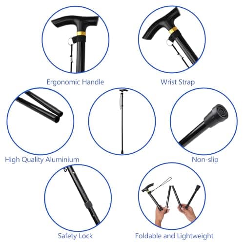 Walking Cane, Folding Cane for Man & Women, Portable Lightweight | 5-Level Adjustable Height, Collapsible Cane for Seniors Balancing Mobility Aid (Black)
