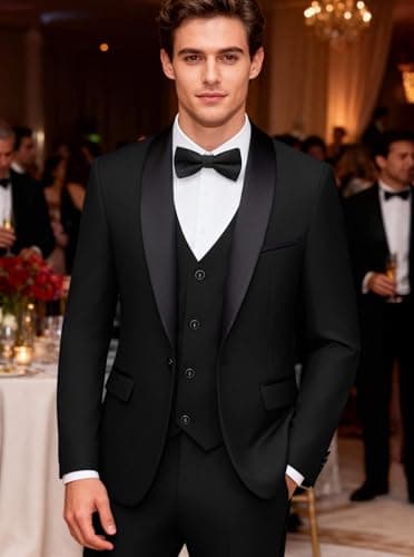 WULFUL Men's 3 Piece Suits Slim Fit Tuxedo Suit Set One Button Shawl Lapel Blazer Jacket Vest Pants Set for Prom, Business Black