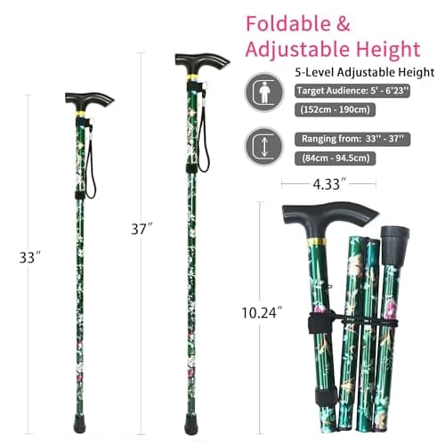 CLOKTA Folding Cane, 5-Level Adjustable Height Lightweight Portable Foldable Walking Canes with Wrist Strap and T Handle for Men Women Seniors (Floral Green)