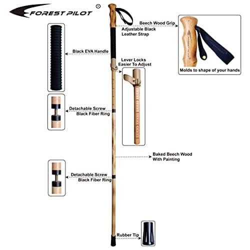 FOREST PILOT Trekking Pole- 1-pc Pack - Adjustable Hiking or Walking Stick –Strong, Natural Beech Wood - Quick Adjust Flip-Lock - Beech Wood Grip, Leather Strap (Black)