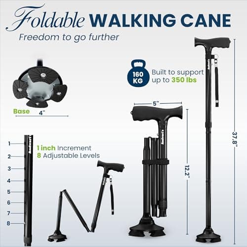 Andvari Walking Canes for Men, All Terrain, Collapsible & Height Adjustable Walking Cane, Canes for Women & Seniors, Walking Stick Stable Quad Base Reduces Slips & Falls, Soft Grip Handle