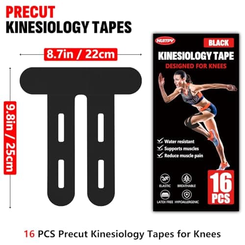 16 Pcs Kinesiology Tape for Knees, Pre Cut Knee Support & Stability, Elastic, Breathable, Latex-Free Pain Relief Athletic Tape for Knee - Black