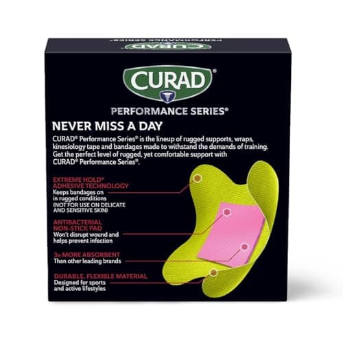 CURAD Performance Series Antibacterial Bandages, Extreme Hold Adhesive Technology, Knee & Elbow 3 inches x 3 inches, 10 Count, Ideal for Cuts, Scrapes, Sports, and Active Lifestyles