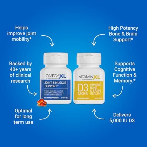 OmegaXL Joint Support Supplement - 60 Softgels & VitaminXL D3 High Potency Daily Vitamin D 5000 IU 125mcg Immune Support Supplement (30 Softgels) - 2 Pack