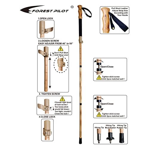 FOREST PILOT Trekking Pole- 1-pc Pack - Adjustable Hiking or Walking Stick –Strong, Natural Beech Wood - Quick Adjust Flip-Lock - Beech Wood Grip, Leather Strap (Black)