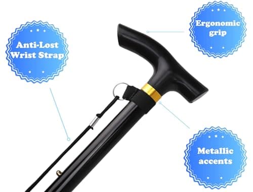 Comfkey Folding Lightweight Walking Stick - Adjustable Aluminum Metal Collapsible Travel Cane with Non-Slip Rubber Base (Black)