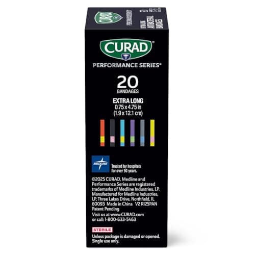 CURAD Performance Series IRONMAN Antibacterial Bandages, Extreme Hold Adhesive Technology, Extra Long Flexible Fabric Bandages for Cuts, Scrapes, & Burns, Assorted Colors, 0.75 x 4.75 inches, 20 Count