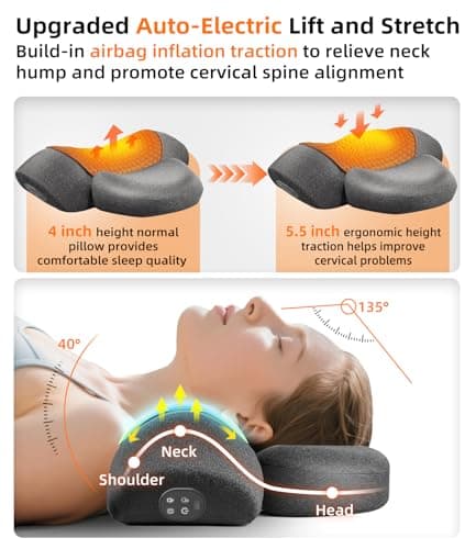 Upalled Cordless Heated Neck Massager Pillow for Pain Relief Deep Tissue, 3-in-1 Rechargeable Neck Cervical Traction Device with Heat, Massage, Electric Stretch, Ergonomic Neck Shoulder Relaxer, Grey