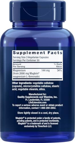 Life Extension Neuro-Mag Magnesium L-Threonate, 150 Vegetarian Capsules, Magtein Supplement for Women and Men