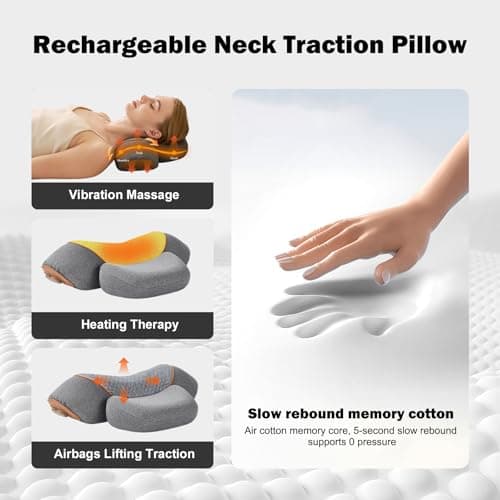 TUFPUZRLCT 3-in-1 Rechargeable Neck Massager Pillow with Heating & Traction, Deep Tissue Pain Relief, Shoulder & Neck Hump Corrector for Men Women, Gifts for Family and Friends