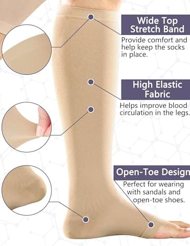 +MD 2 Pairs 20-30 mmHg Compression Socks for Women & Men, Knee High Open Toe Stockings, Graduated Support & Comfort Hose Nude, Medium