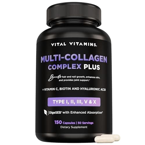 Vital Vitamins Multi Collagen Complex Plus - with Biotin, Hyaluronic Acid, Vitamin C - Type I, II, III, V, X - for Women & Men - Hair, Skin, Nails Beauty Complex - 150 Capsules