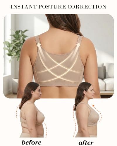 HACI Women's Front Closure Posture Bra Full Coverage Back Support Wireless Unpadded(Beige,38DDD)