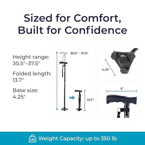 HurryCane Freedom Edition Foldable Walking Cane With T Handle - Enhanced Mobility Support - Patented SteadiGrip Base - Adjustable Height - Lightweight Foldable Design - Black