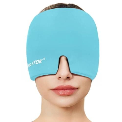 EXQUISLIFE Migraine Headache Relief Cap, Gel Ice Head Wrap, Hot and Cold Therapy, Headache Eyes Mask for Sinus, Puffy Eyes, Tension and Stress Relief (Blue)