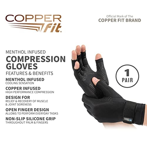 Copper Fit ICE Compression Gloves Infused with Menthol, Black, Small/Medium