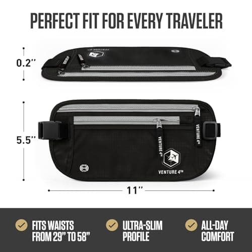 VENTURE 4TH Money Belt for Travel – Hidden Under-Clothes RFID Blocking Passport Holder & Slim Travel Wallet Pouch for Men & Women to Protect Cash, Cards & Documents (Black)