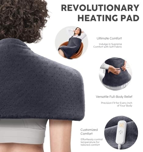 Heating Pad for Back Pain Relief, 33"x17" Electric Heating Pad for Shoulder, Neck, Cramp, Menstrual Pain, Christmas Gifts for Women Men Mom Dad - 6 Heat Settings and Auto-Off, Moist/Dry Heat pad, Gray