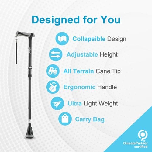 REHAND Walking Cane - Foldable, Adjustable, Collapsible Walking Canes for Men & Women, Heavy Duty All Terrain Tip, with Travel Bag | Walking Sticks for Seniors & Adults (Natural Black)